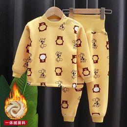 Pyjamas New Childrens Boys and Girls Thick Pyjama Set Cartoon Long sleeved Cute T-shirt Top with Pants Baby Autumn Pyjamas d240515