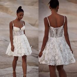 Simple Mini Length Wedding Dress Sexy Spaghetti Straps Lace Appliques Short Bridal Gown Lace Up Sweetheart Vestidos De Noiva