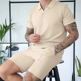 Men's Tracksuits 2024 Summer Waffle V-neck Short Sleeved Shorts Two Piece Set With Polo For Men