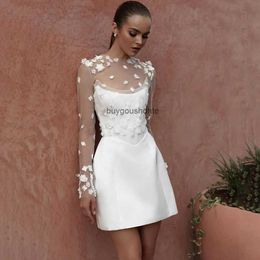 2024 Sexy Mini Wedding Dress Jewel Long Sleeve 3D Flower Lace Summer Brach Bridal Party Gowns Elegant Satin Vestido De Novia Bride Dresses