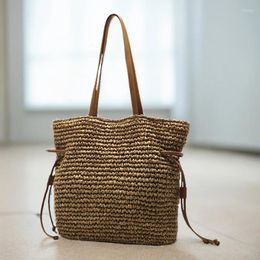 Shoulder Bags Large Capacity Drawstring Woven Tote Bag Summer Beach Straw Handbag And Purse Female Bohemian Ladies Travel