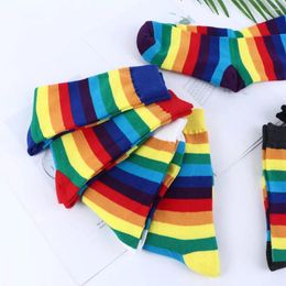 Women Socks Casual Elasticity Candy Color Harajuku Girls Long Striped Rainbow Cotton