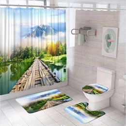Shower Curtains Misty Forest Mountain Curtain Sets Natural Scenery Wooden Bridge Lake Tree Bathroom Screen Bath Mat Toilet Lid Cover Rugs