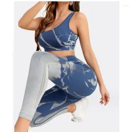 Women's Two Piece Pants Women Seamless Tie Dye Suit Set Sexy Hollow Out Sportsuit High Waist BuLift Leggings Exposing The Navel Vest Gym