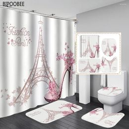 Shower Curtains Pink Flower High Heels Curtain Fashion Paris Tower Bathroom Bath Mats Rugs Non Slip Carpet Toilet Lid Cover