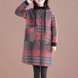 Women's Trench Coats Winter Korean Version Oversized Slimming Plaid Hooded Western-style Casual Cotton Jacket Mid Length