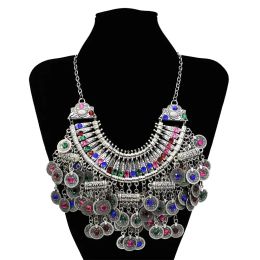 Necklaces Gypsy Turkish Tribal Colourful Rhinestone Coins Necklace Earrings for Women Boho Pakistan Afghan Dress Clothes India Jewellery Sets
