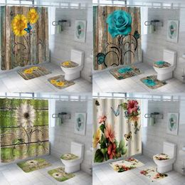 Shower Curtains Vintage Wood Board Floral Daisy Rose Sunflower Butterfly Flower Bathroom Sets Non-Slip Bath Mat Rug Toilet Cover