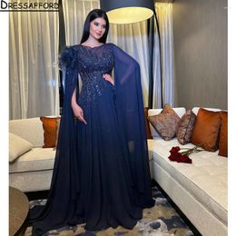 Party Dresses Dark Blue Feathers Ribbons Dubai A-Line Evening Dress Illusion Crystal Beading Chiffon Saudi Arabic Formal Gown