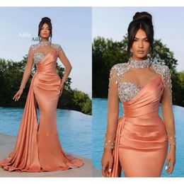 Orange Pink Elegant Mermaid Evening Sheer Beads Appliques High Neck Satin Pleats Ruffles Formal Prom Dresses With Long Sleeves 0515