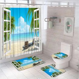 Shower Curtains 4Pcs Palm Tree Ocean Scenery Curtain Sets Sea Beach Window Bathroom Non-Slip Bath Mat Pedestal Rug Toilet Covers