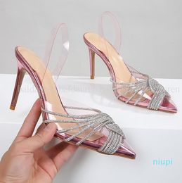 2024 Fashion Pumps Pointed Women Sandals Toe Thin Heel High Transparent Clear Back Strap Crystal Party Sexy Shoes