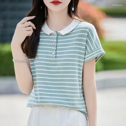 Women's T Shirts T-shirt Summer Cotton Sweater Short Sleeve Casual Striped Knitwear Doll Collar Ladies' Tops Loose Pullover Tees