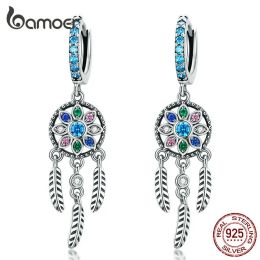 Earrings BAMOER 925 Sterling Silver Bohemia Dreamcatcher Hanging Drop Earrings for Women Boho Style Earrings Fashion Jewellery 2 Colours