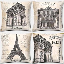 Pillow Paris Retro Architecture Church Eiffel Tower Sketch Printed Pillowcase Home Decoration Car Room Sofa Cover