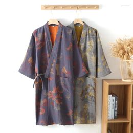 Home Clothing Kimono Robe Cotton Pyjamas Spring Summer Loose Double Layer Gauze Men's Bathrobe Floral Print Sleepwear Lounge Gown Models