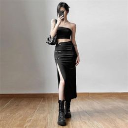 Skirts Black Sexy Split Simple Casual All-Match Chinese Design Korean Fashion Streetwear Basic Women'S Skirt Midi Long