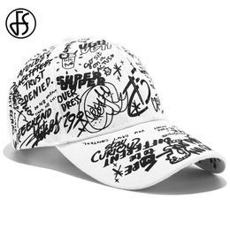 Ball Caps FS 2023 Black White Graffiti Print Baseball Caps For Men Streetwear Snapback Hip Hop Hat Brand Women Trucker Cap Bone Masculino Y240507