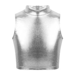 Crianças de camisola e meninas Sparkling Metal Jazz Moderno Hip Hop Crop Dance Top Gymnastics Tank Top Top Ballet Stage Performance Clothingl240502