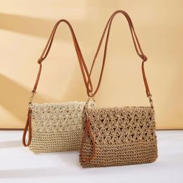 Drawstring Ladies Fashion Summer Straw Crossbody Bag Beach Vacation Handbag Handmade Woven Shoulder Messenger Underarm Pouch Purse