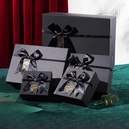 Gift Wrap Paper Carton Box Black Rectangular Bow Ribbon Large Exquisite Packaging With Cover