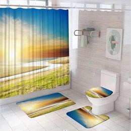 Shower Curtains Natural Scenery Curtain Sets Sunset River Stream Grassland Bathroom Non-Slip Bath Mat Pedestal Rug Toilet Cover