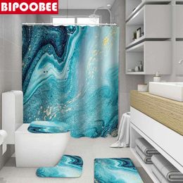 Shower Curtains Blue Marble Striped Bathroom Modern Curtain Pedestal Anti-slip Carpet Toilet Lid Cover Bath Mat Washroom Rugs