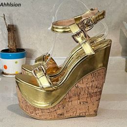 Ahhlsion Handmade Women Summer Sandals Buckle Strap Wedges Heeled Round Toe Pretty Gold Silver Party Shoes Ladies US Size 4-15