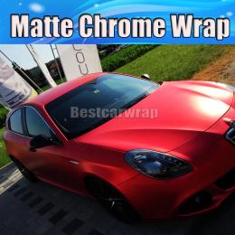 Stickers Red Matte chrome Vinyl Car wrapping Film with Air Bubble Free chrome satin red wrap covers coating foil 1.52x20m/Roll 5x66ft