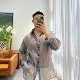 Men's Casual Shirts Summer Transparent Long-sleeved Shirt Loose High Street Personality Niche Solid Sun Protection Tops Male Clothes