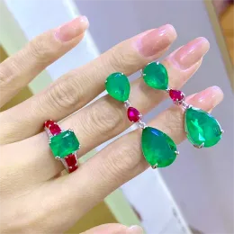 Sets Luxury Real S925 Sterling Silver Emerald Jewellery Sets Green Stone Drop Earrings Square Ring Ladies Elegant Gifts Party