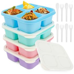 Take Out Containers 4Pcs 600ml Bento Lunch Boxes With Lids 4 Compartment Meal Prep Reusable Food Grade Divided Salad Container