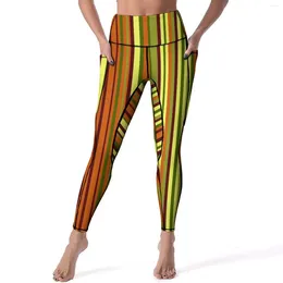Active Pants Stylish Striped Print Leggings Pockets Colourful Lines Custom Yoga Push Up Fitness Gym Legging Elastic Sports Tights