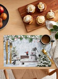 Table Mats 4/6 Pcs Christmas Snowman Holly Berries Kitchen Placemat Dining Decor Mat Home Bowl Cup