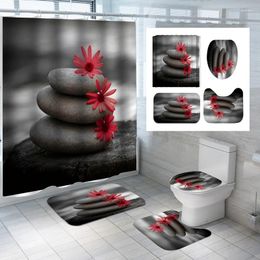 Shower Curtains 4Pcs Stone Bamboo Water Flow Waterproof Curtain Bathroom Anti-Slip Pad Toilet U-shaped Cover Home Decoration