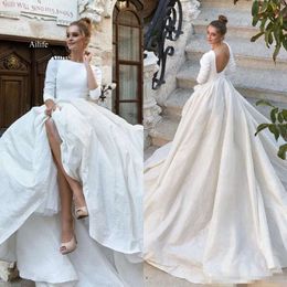 등이없는 섹시한 간단한 드레스 라인 긴 민소매 Taffeta Bateau Neckline Custom Made Wedding Gown vestido de novia 0515