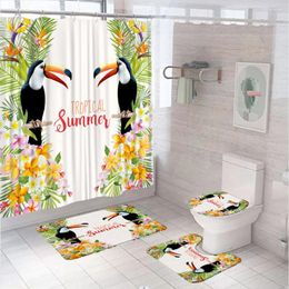 Shower Curtains Toucan Parrot Flamingo Green Leaves Curtain Sets Tropical Jungle Flower Summer Bath Mat Carpet Toilet Rug Bathroom Decor
