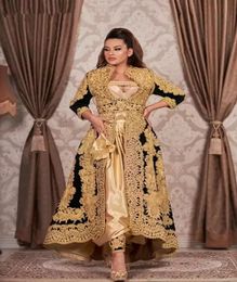 2022 Gothic Traditional Kosovo Albanian Caftan Black Evening Dresses Long Sleeves Gold Applique Plus Size Prom Dress For Arabic Wo5117372