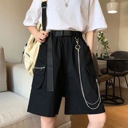 Rimocy Harajuku Chain Cargo Short 2024 Summer Big Pockets Wide Leg Shorts Woman Black High Waist Streetwear Female 240513