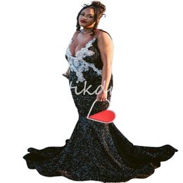 Large Size Black Sequin Prom Dresses For Black Girls 2024 Elegant Mermaid Beaded Crystal Evening Dress South African Birthday Dress Special Occasion Formal Gowns