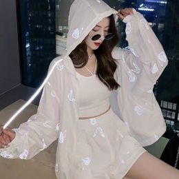 Summer Sunscreen Suit Women 2024 New Butterfly Printed Long Sleeve Zipper Hooded Tops+ Wide-legged High Waist Shorts Female Sports Casual Daily Fashion Two-piece Set