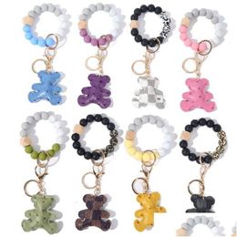 Party Favour 8 Styles Sile Bead Bracelet Keychain Wooded Beads Keyring Old Flower Plaid Bear Decoration Key Ring Pu Leather Ornament Dhbis