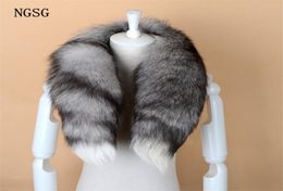 NGSG Real Fox Fur Scarf Women Men Striped Winter Warm 8090CM Long Tail Scarf Fashion Luxury Collar Scarves Wraps Female W001 C1819011286
