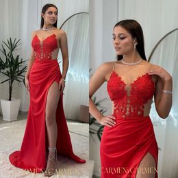 Sexy Red Mermaid Prom Dress Split Illusion Formal Evening Elegant Lace Appliques Party Dresses For Special Ocns Straps Promdress 0515