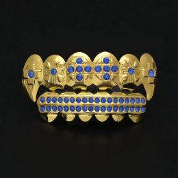Grills New Gold Plated Iced Out Blue CZ Rhinestone Hip Hop Teeth For Mouth GRILLZ Caps Top & Bottom Grill Set Vampire teeth Jewellery