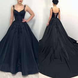 Gorgeous A Line Gothic Spaghetti Boho Dresses Bridal Gowns Appliques Lace Up Back Country Black Wedding Dress 0515