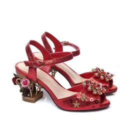 Ladies 2024 women Genuine sandals dress shoes 6CM cut-out chuckly high heels diamond peep toe wedding party pearl buckle Strap bead 3D Flower Retro Mary Jane f641