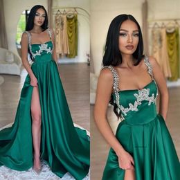 Elegant Emerald Green Prom Dresses Beads Straps Party Evening Gowns Split Formal Red Carpet Long Special Ocn Dress 0515