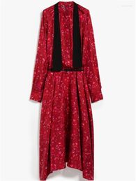 Casual Dresses Women Red Floral Print Dress Twill Silk Covered Buttons Ribbon Sashes Long Sleeve Midi Robe For Female Spring 2024