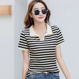 Summer Women Tops Cotton Elegant Style Polo Neck Fashion Office Ladys Short Sleeve T Shirt For 2024 240429